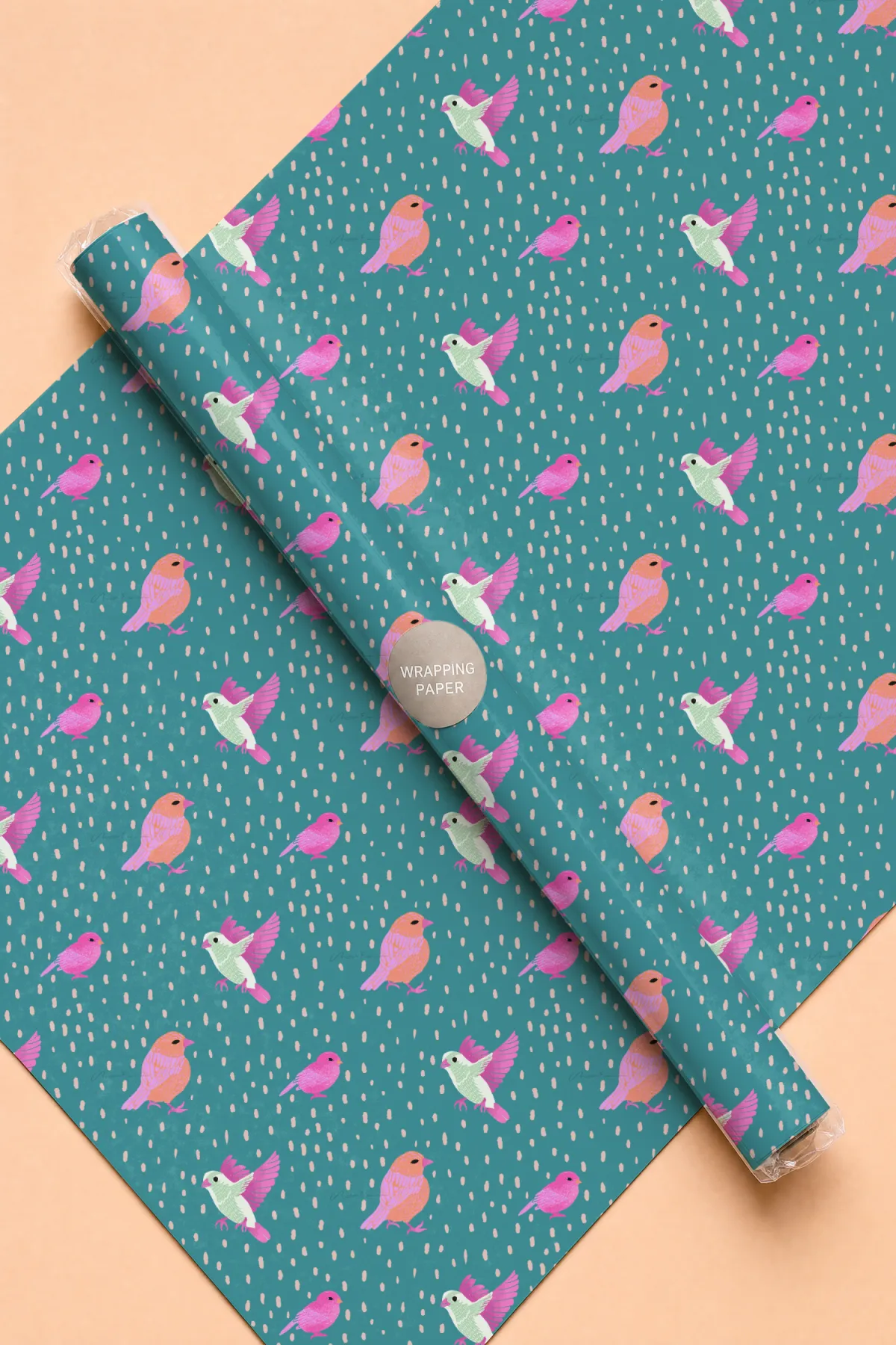 Gift-wrapping paper roll printed with the Fair Weather Friend bird repeat pattern