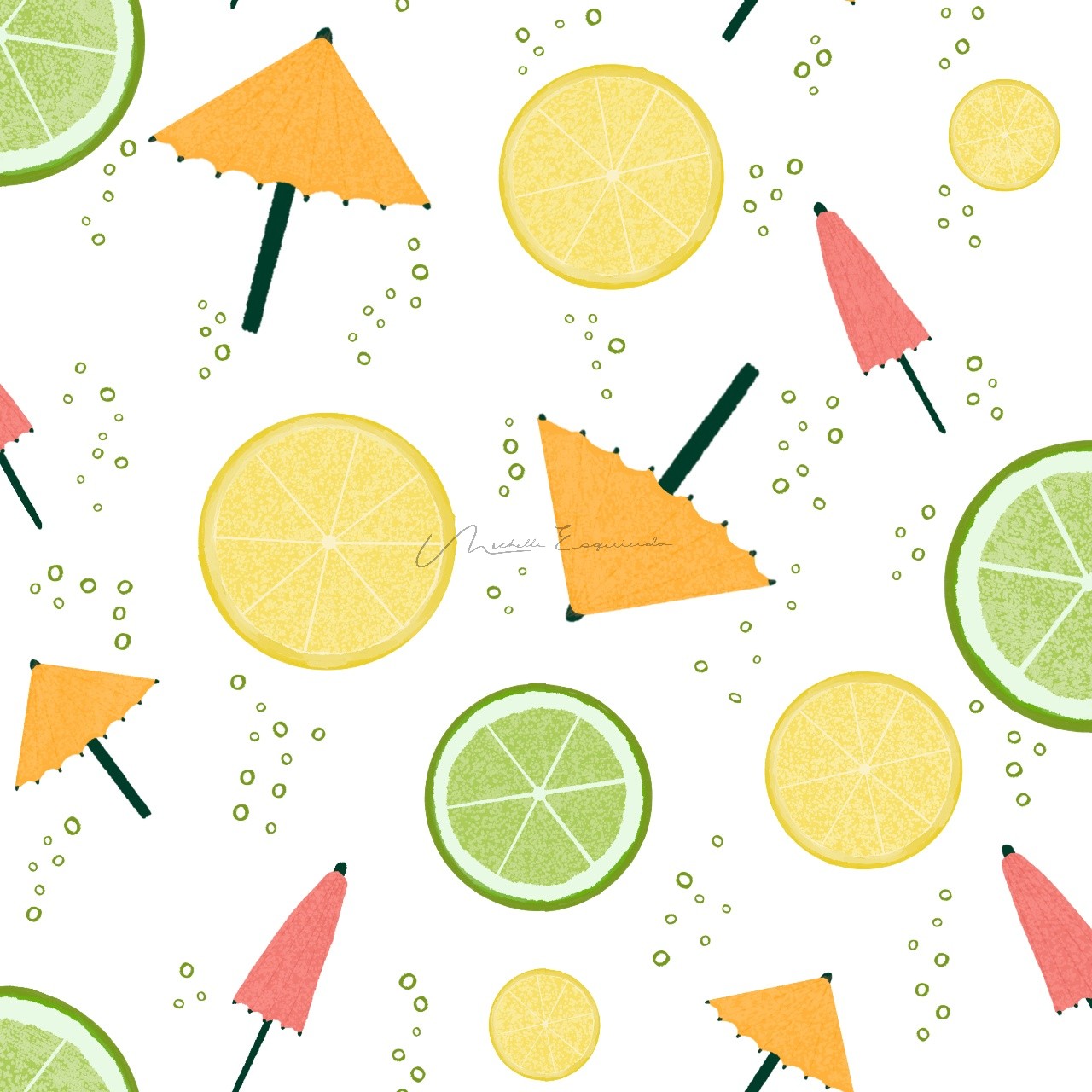 Cocktail Hour half-drop repeat pattern with lemon and lime slices, open and closed drink umbrellas, and floating bubbles