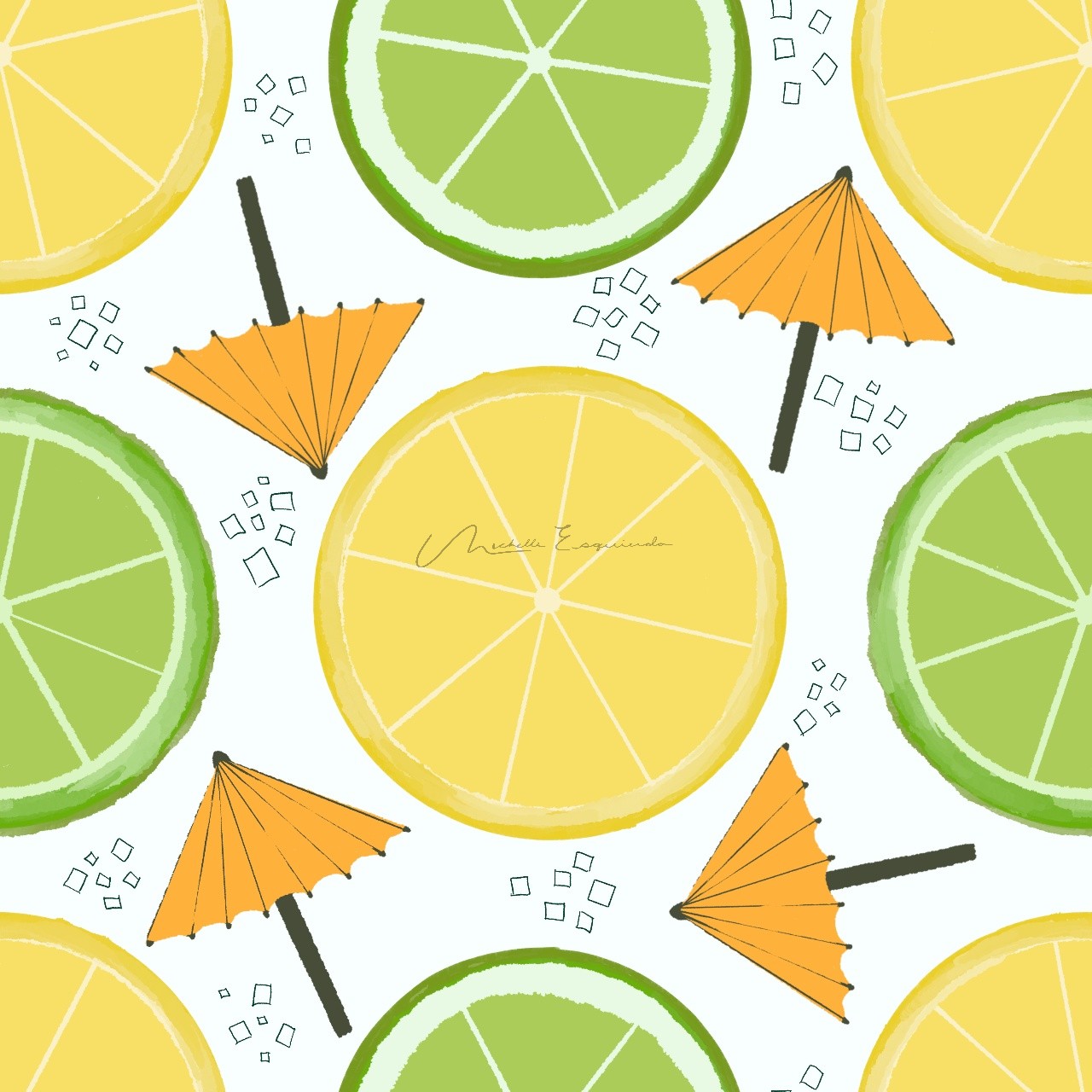 Fizz & Slice full-drop repeat pattern with large lemon and lime slices, ice cubes, and drink umbrellas