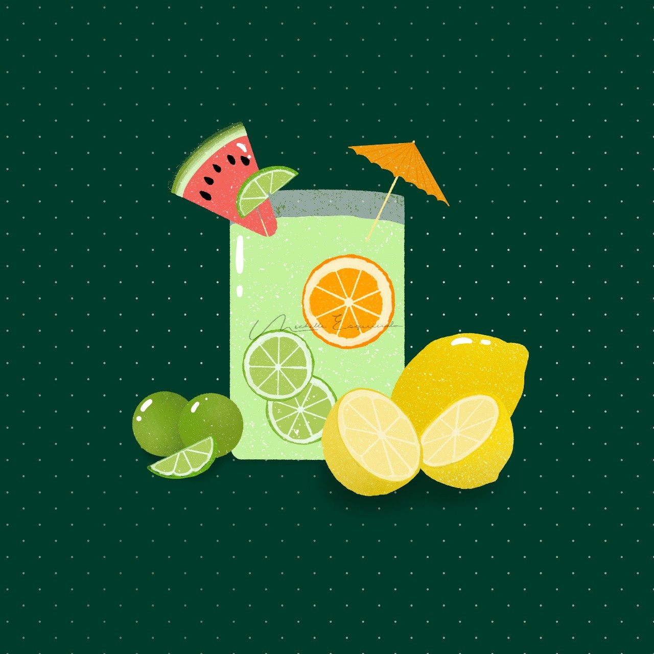 The Refresher hero illustration featuring a citrus cocktail with lemon and lime slices, watermelon garnish, and drink umbrella on a dark green polka dot background