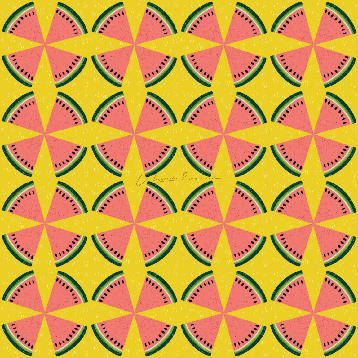 Melon Medallion geometric repeat pattern with watermelon slices arranged in a circular medallion on yellow