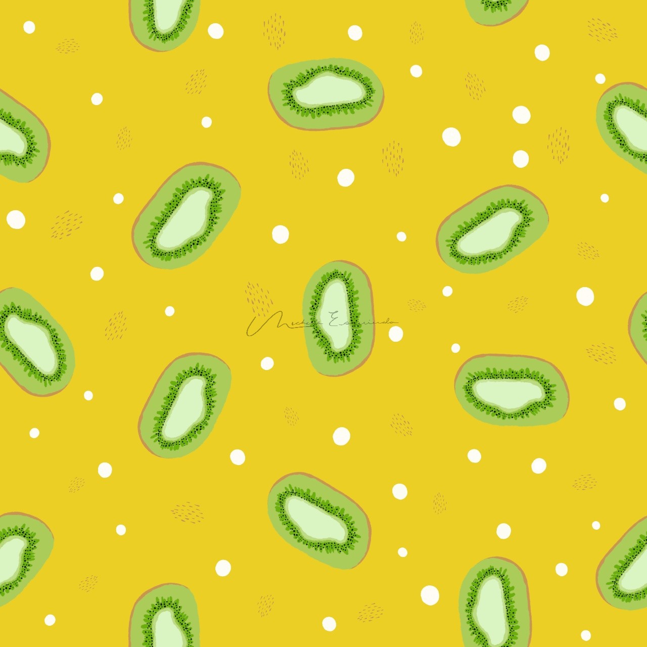 Kiwi Drop full-drop toss pattern with sliced kiwi and white dots on yellow