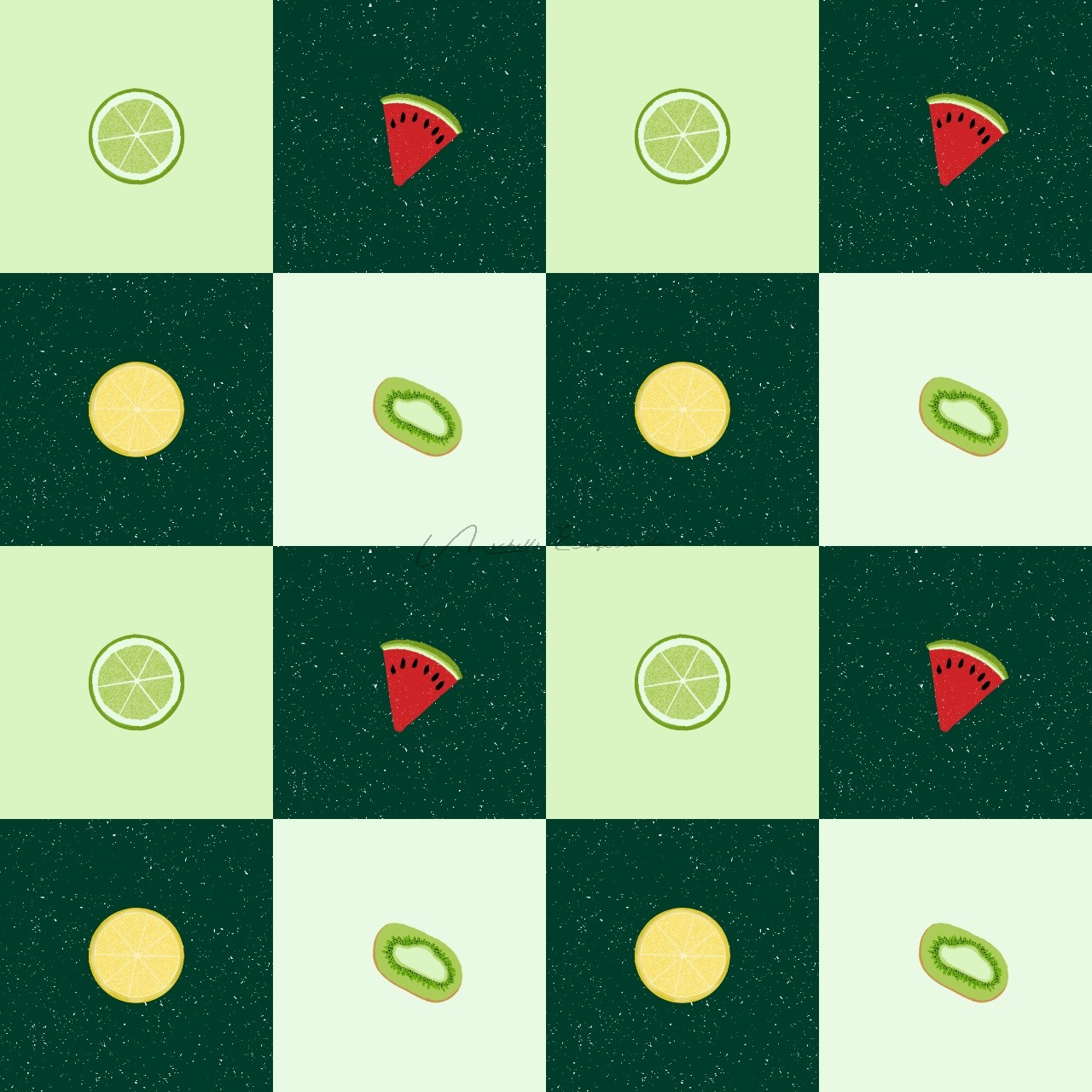 Fruit Stand block repeat pattern with kiwi, lemon, lime, and watermelon slices