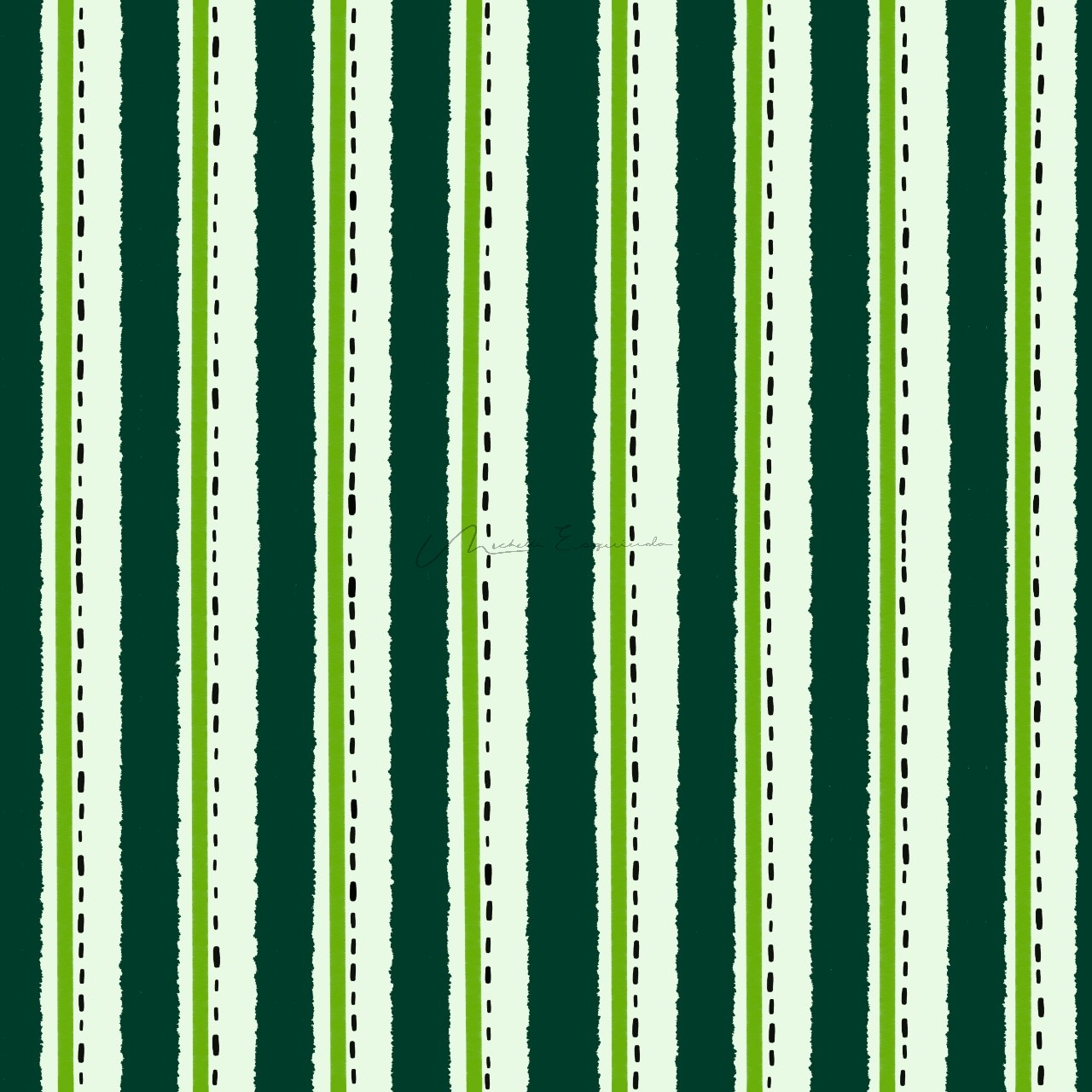 Rind Stripe repeat pattern in green watermelon rind stripes with a dotted seed line