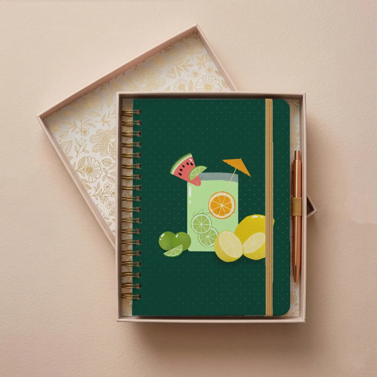Closed journal with the Flock Together bird illustration cover design, shown on a table.