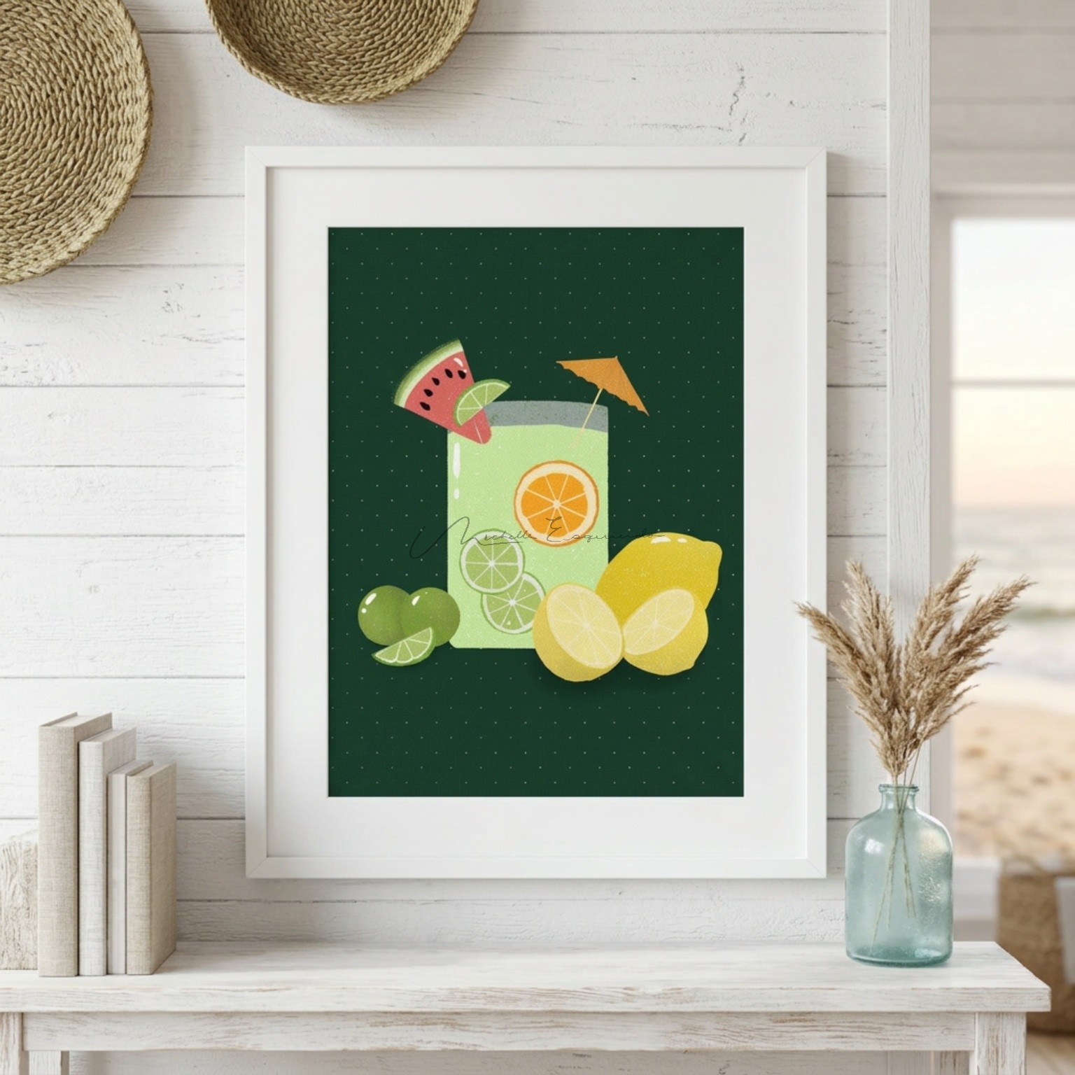 Woman holding a framed art print of the Flock Together bird illustration.