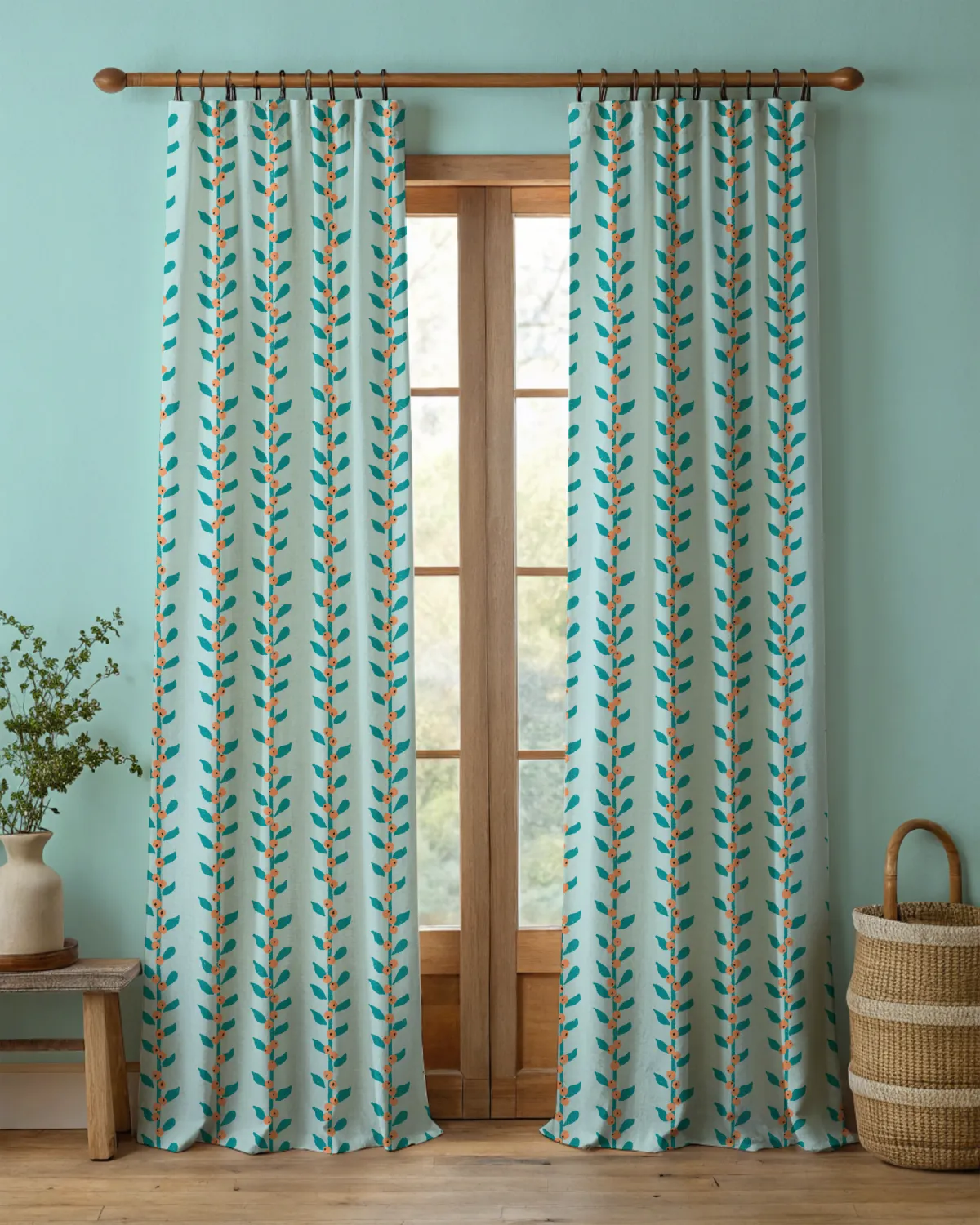 Long curtains featuring the Through the Grapevine bird pattern design.