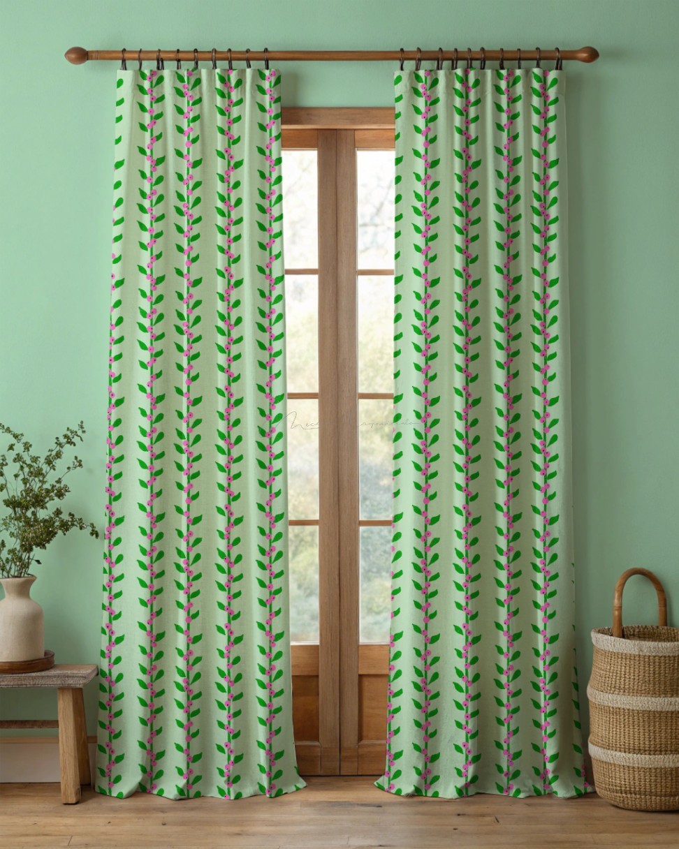 Long curtains featuring the Through the Grapevine bird pattern design.