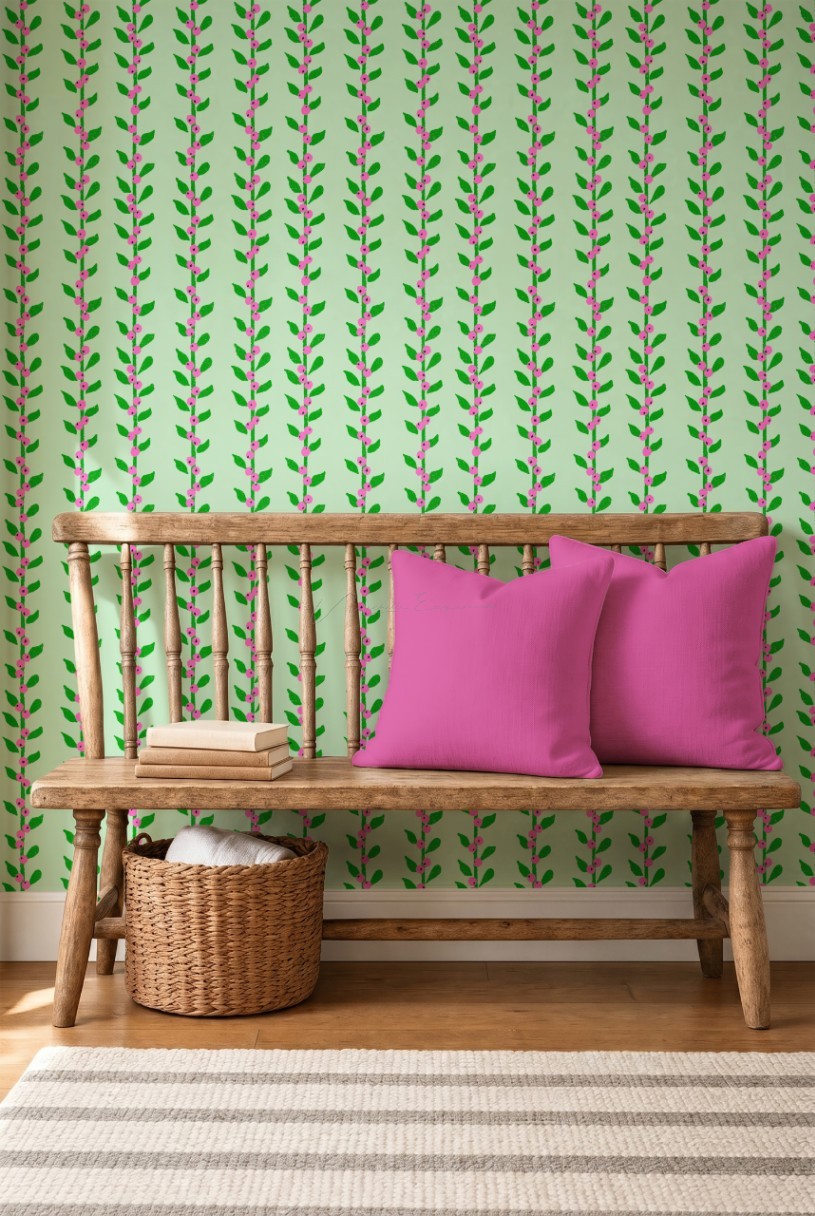 Entryway wallpaper mockup in the Through the Grapevine bird repeat pattern, styled with a bench, throw pillow, and wicker basket.