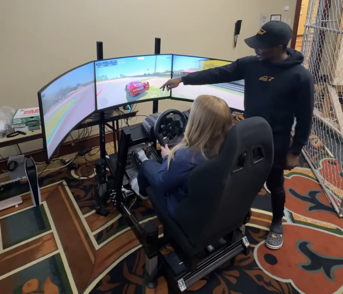 a couple of neon signs sitting on top of a set of stairs