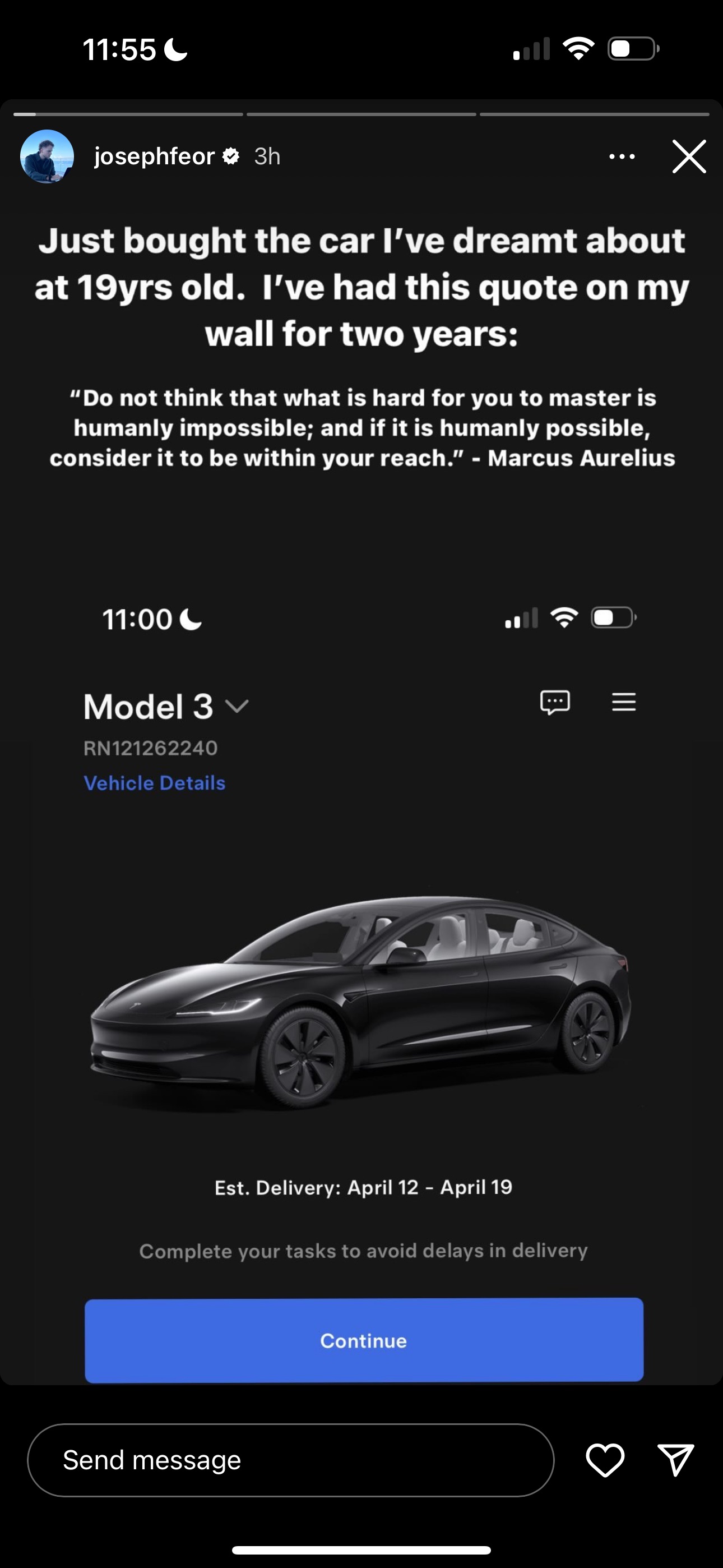  josephfeor celebrating the purchase of a Tesla Model 3