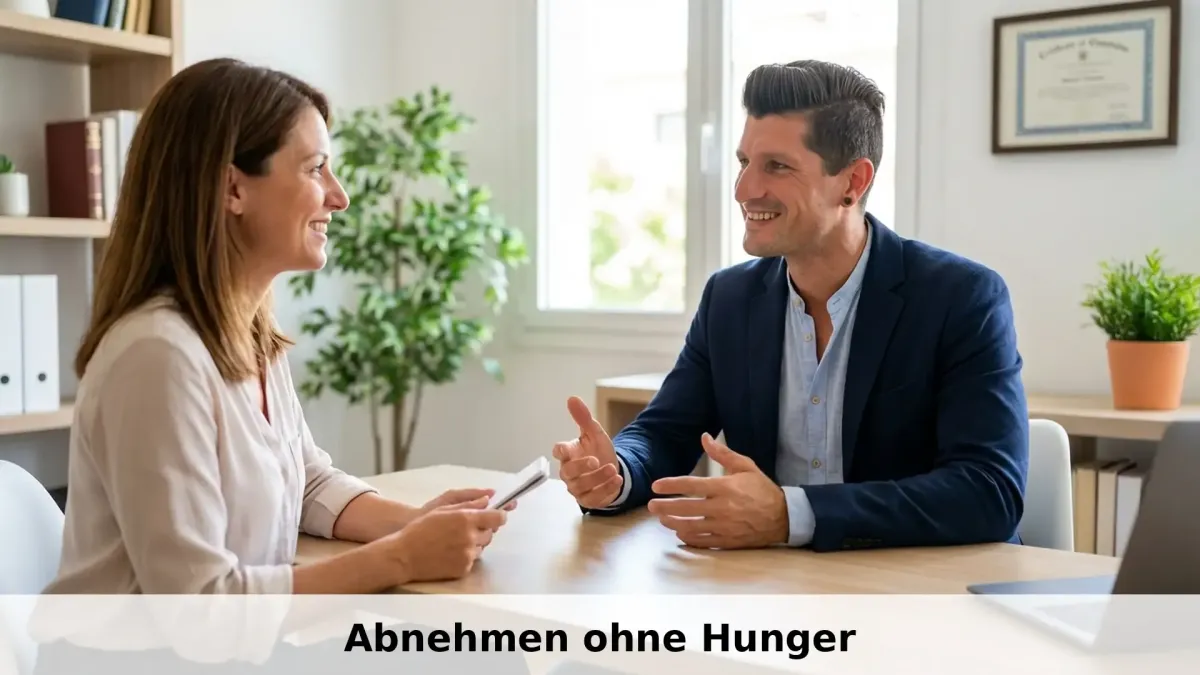 Professioneller Abnehmcoach Frank im Beratungsgespräch mit Klientin zum Thema Abnehmen ohne Hunger