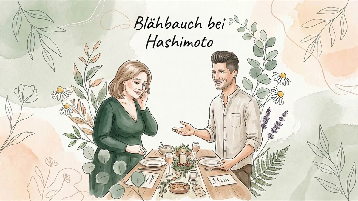 Aquarell: Frank Kraeh und eine Frau an einem gedeckten Tisch, darüber der Titel Blähbauch bei Hashimoto