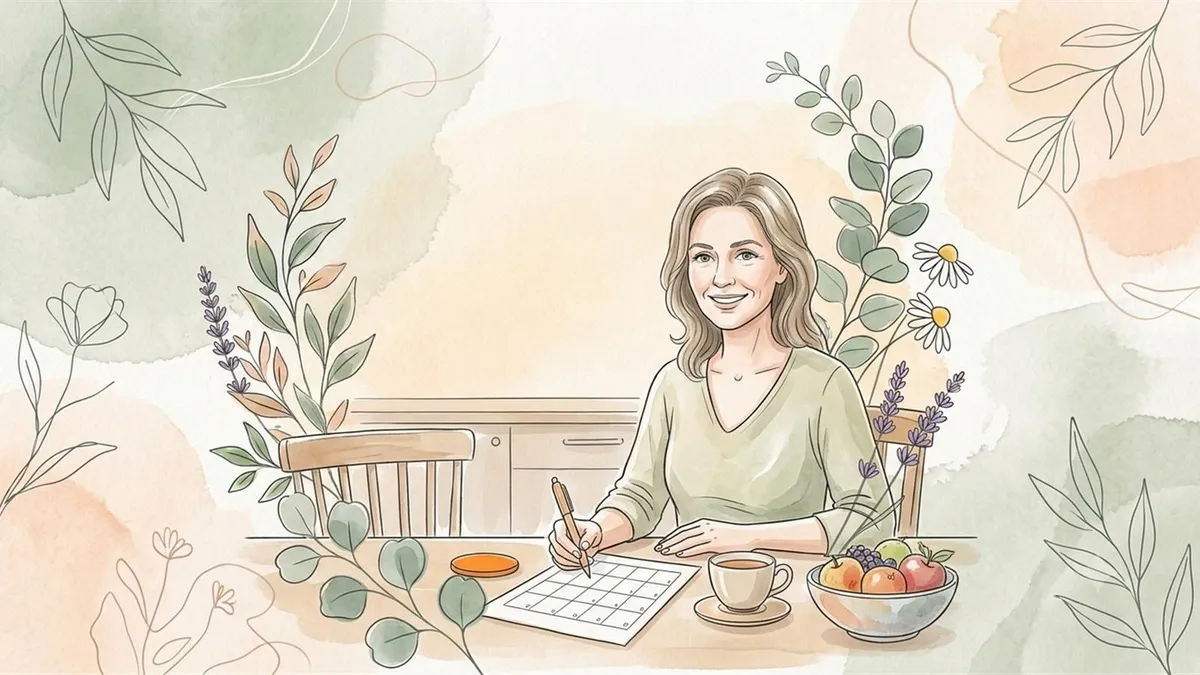 Aquarell: Eine Frau sitzt morgens am Küchentisch und füllt ein Ernährungstagebuch für Hashimoto aus, neben ihr Tee und eine Obstschale