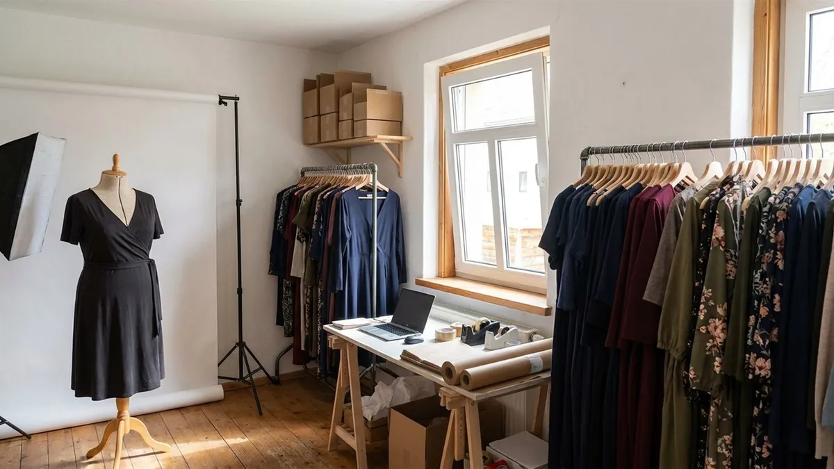 Lager und Fotoecke eines kleinen Online-Shops für Mode in großen Größen, mit Kleiderstangen, Schneiderpuppe und Versandkartons