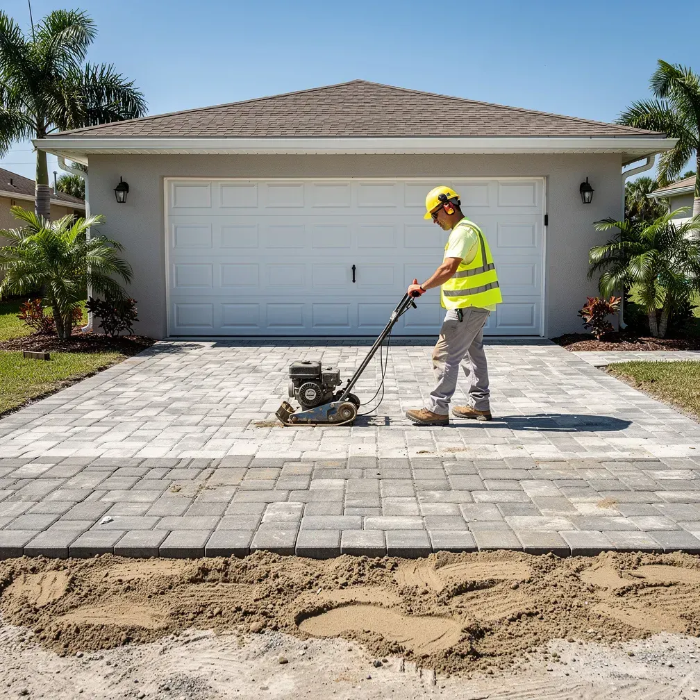 Contractor compacting pavers on a driveway attached to a garage in Kendale Lakes, Florida on a sunny day