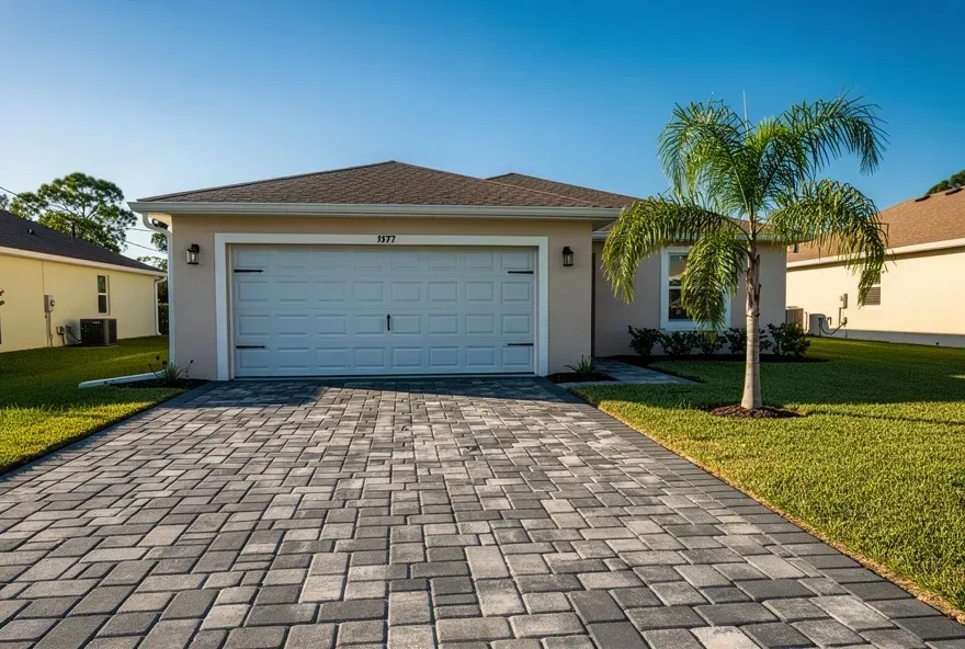 Finished paver driveway attached to garage of a home in Kendale Lakes, Florida on a sunny day