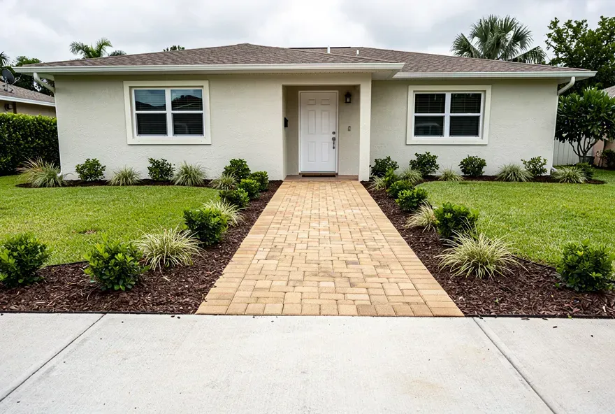 Finished paver sidewalk leading to the front entrance of a home in Kendale Lakes, Florida