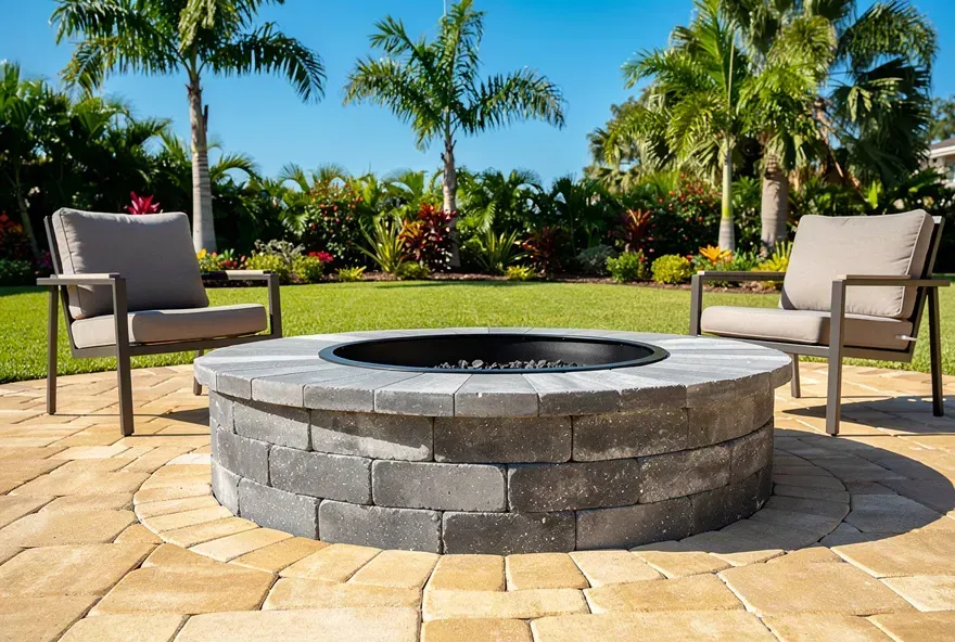 Finished paver fire pit on a backyard patio in Kendale Lakes, Florida