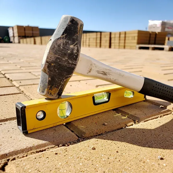 Rubber mallet and level tool resting on freshly installed pavers in Kendale Lakes, Florida