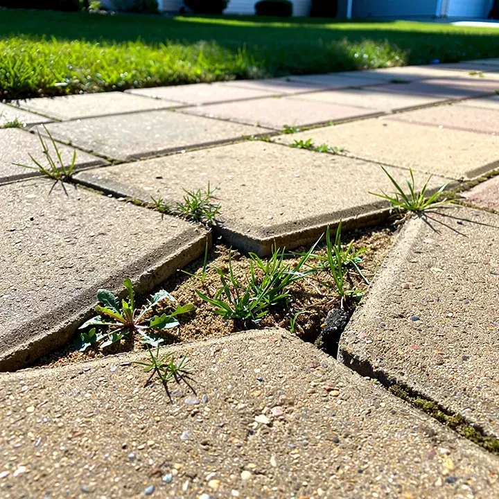 Close-up of sunken, shifted pavers with weeds growing through the joints in Kendale Lakes, Florida