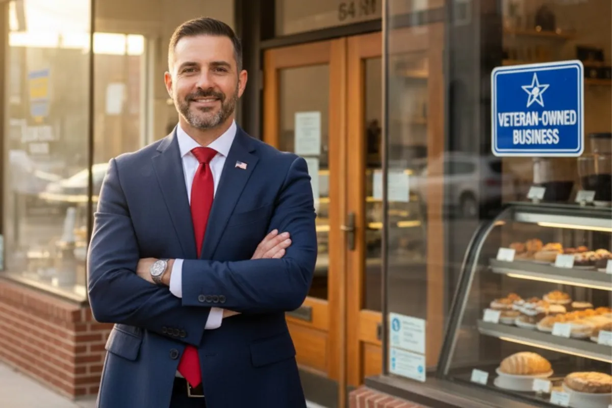 Veteran business owner standing confidently outside storefront with a Veteran-Owned Business sign, representing corporation formation support