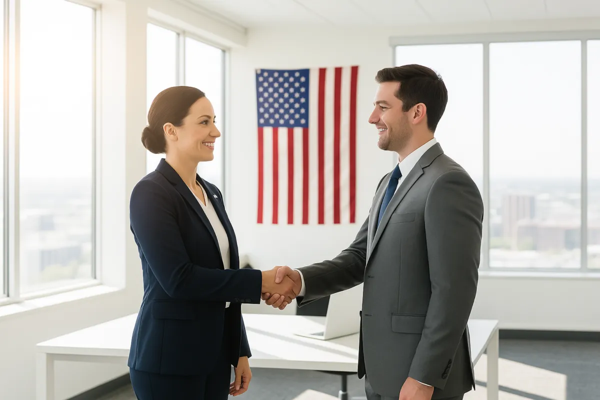Business professional shaking hands with a client in front of an American flag, symbolizing trusted veteran business formation services