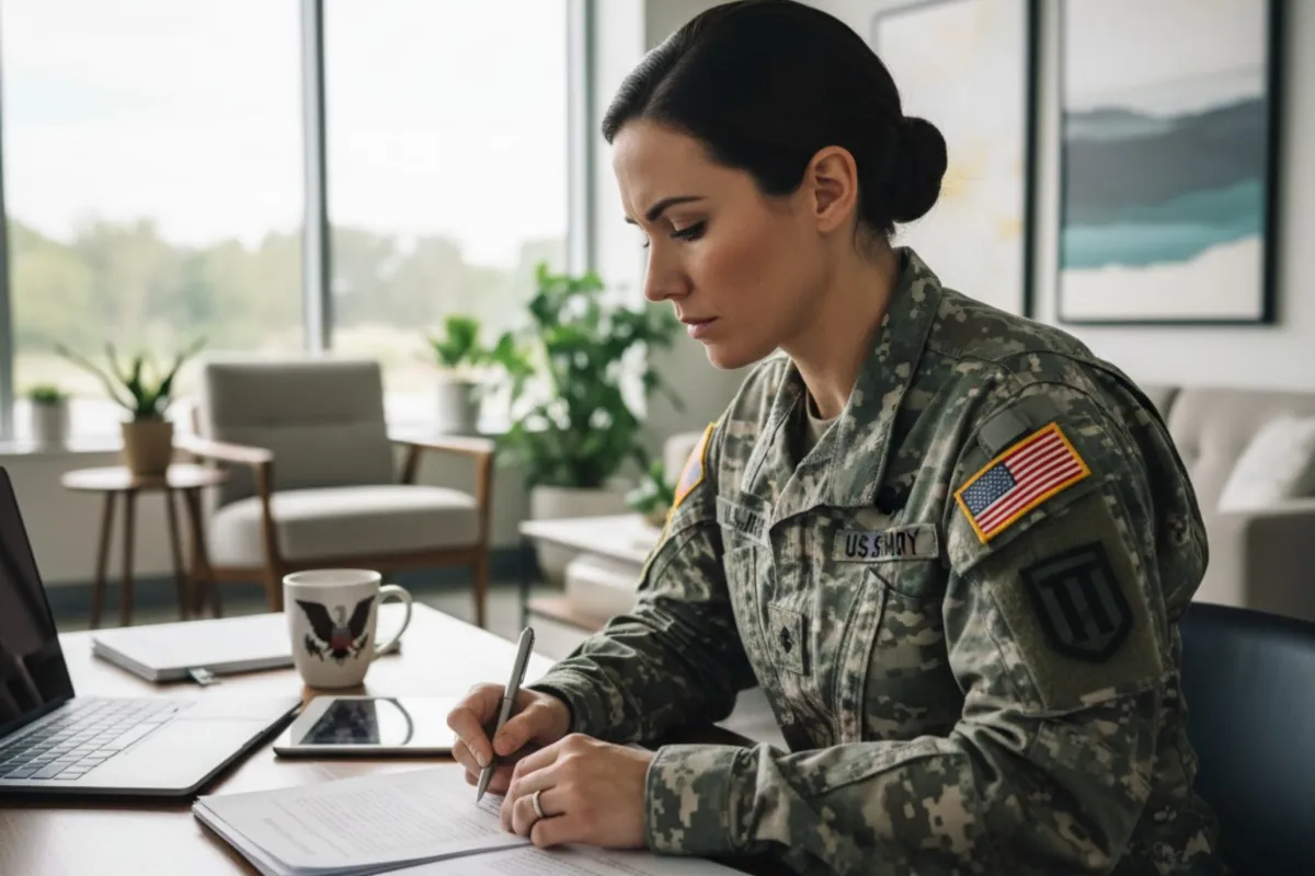 U.S. military veteran in uniform reviewing business documents at a desk, symbolizing reliable compliance and annual filing services