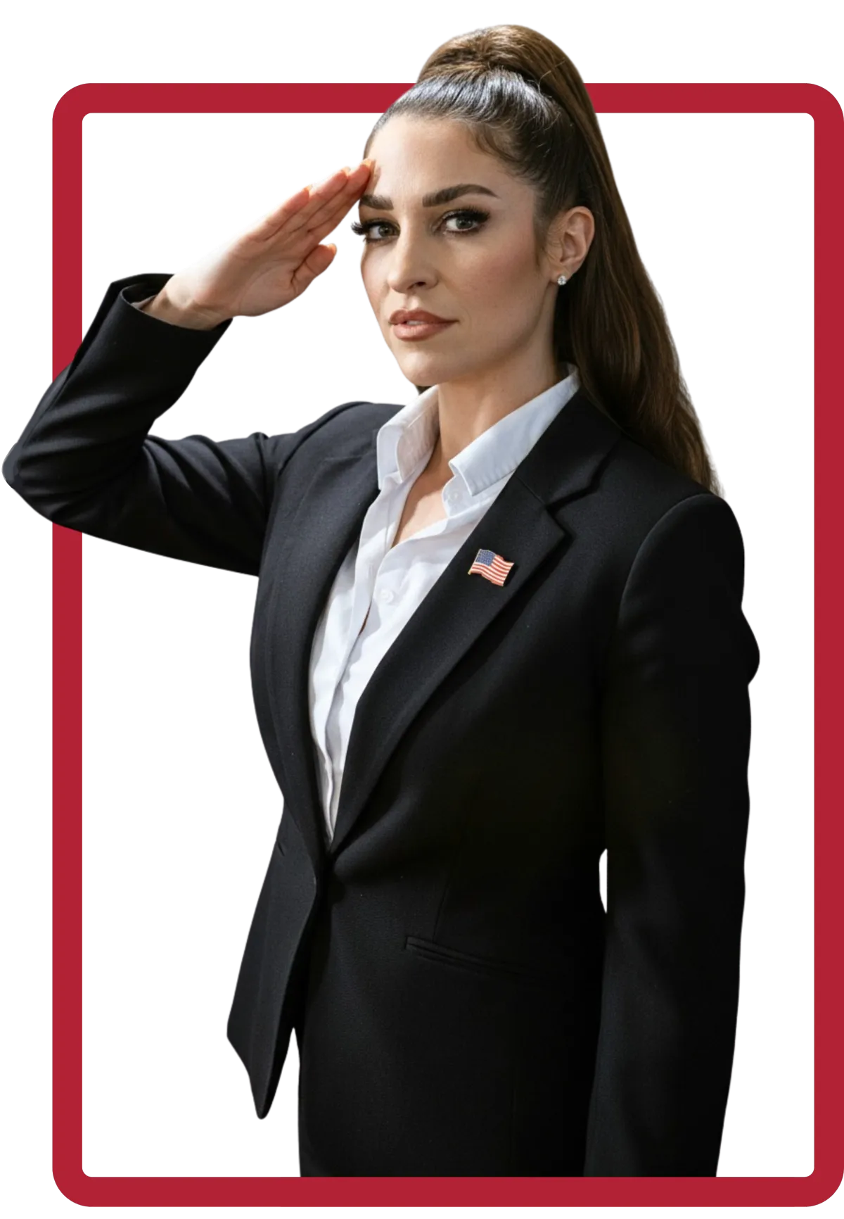 Professional woman in business suit saluting with American flag pin, symbolizing veteran discipline and leadership in business formation