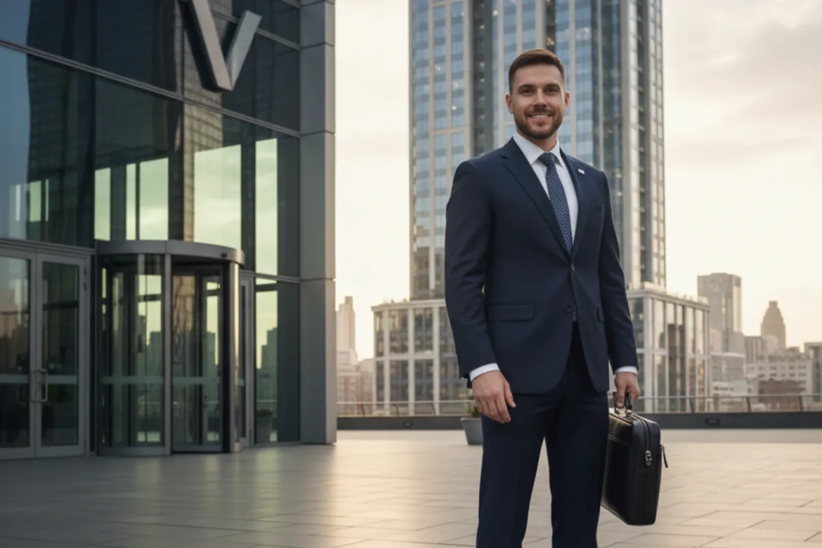 Confident business professional standing outside corporate headquarters, representing C-Corp and S-Corp formation support