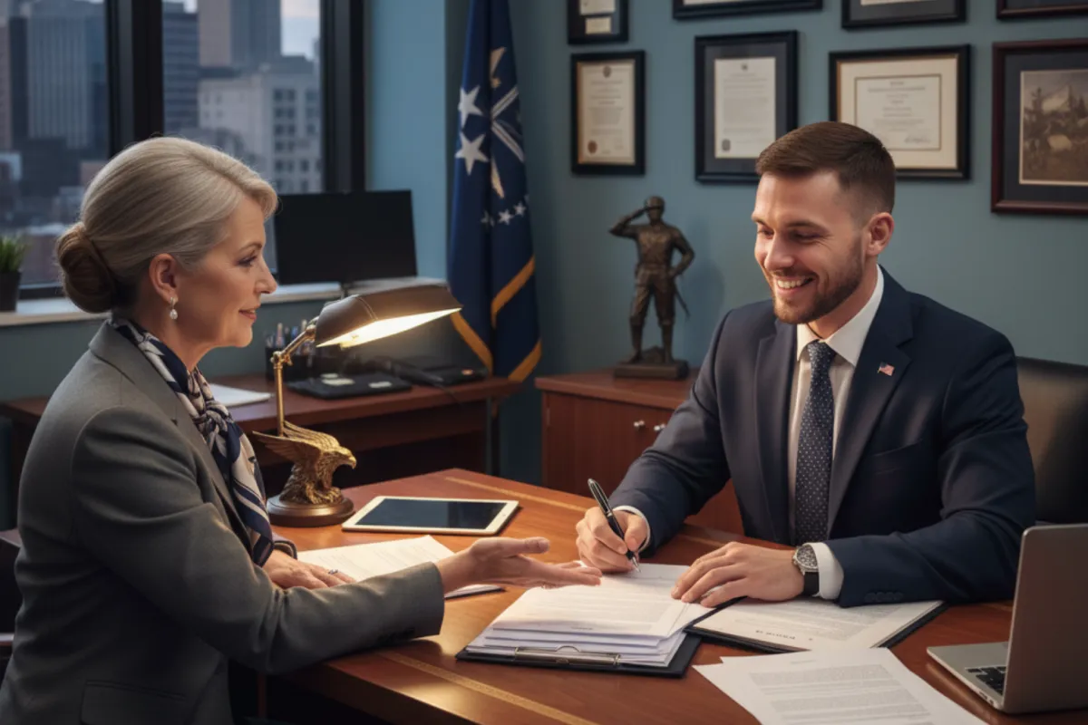 Business professional guiding a veteran through LLC paperwork in an office setting, symbolizing trusted LLC formation services