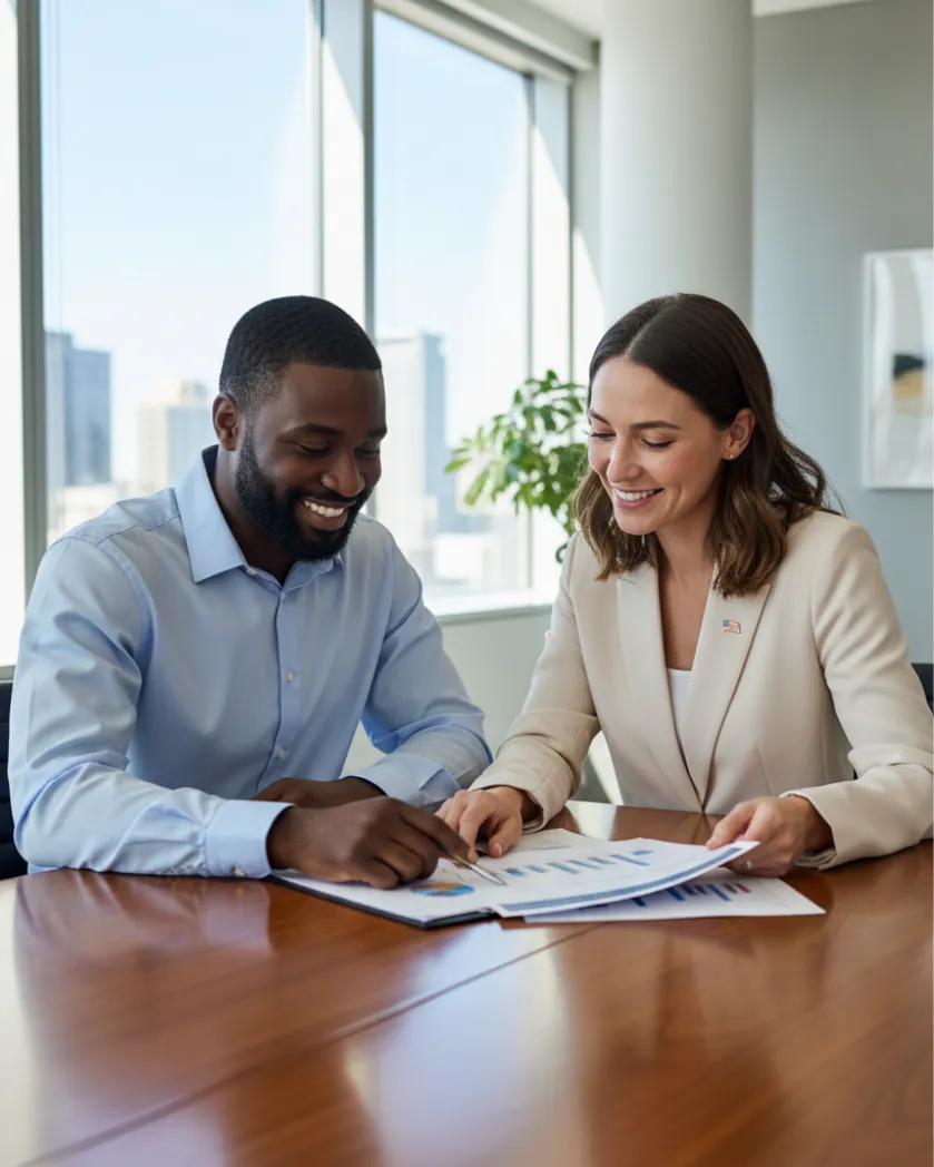 Two business professionals reviewing documents together in a modern office, symbolizing trusted business formation services for entrepreneurs