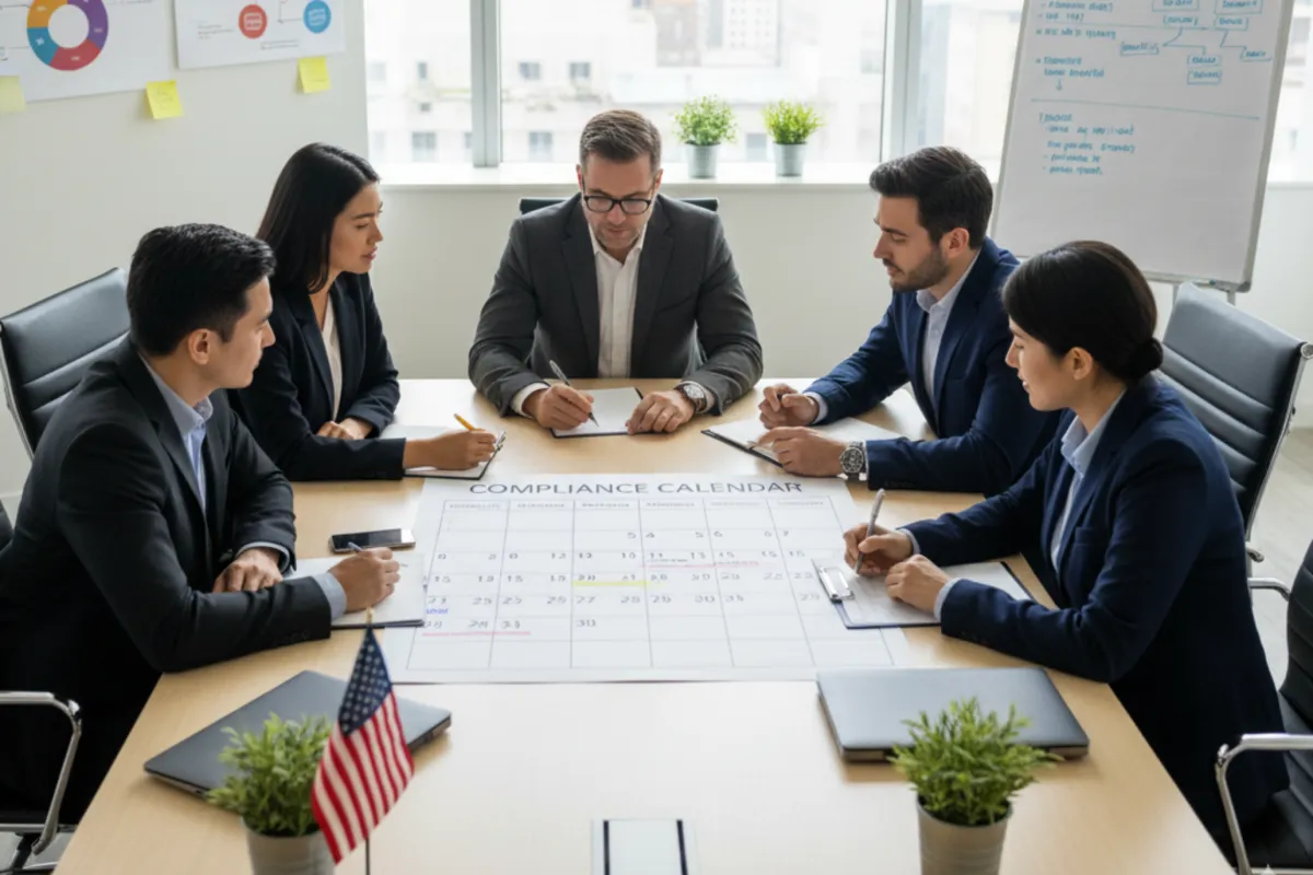 Team of professionals reviewing a compliance calendar together in a modern office, symbolizing ongoing compliance services for businesses
