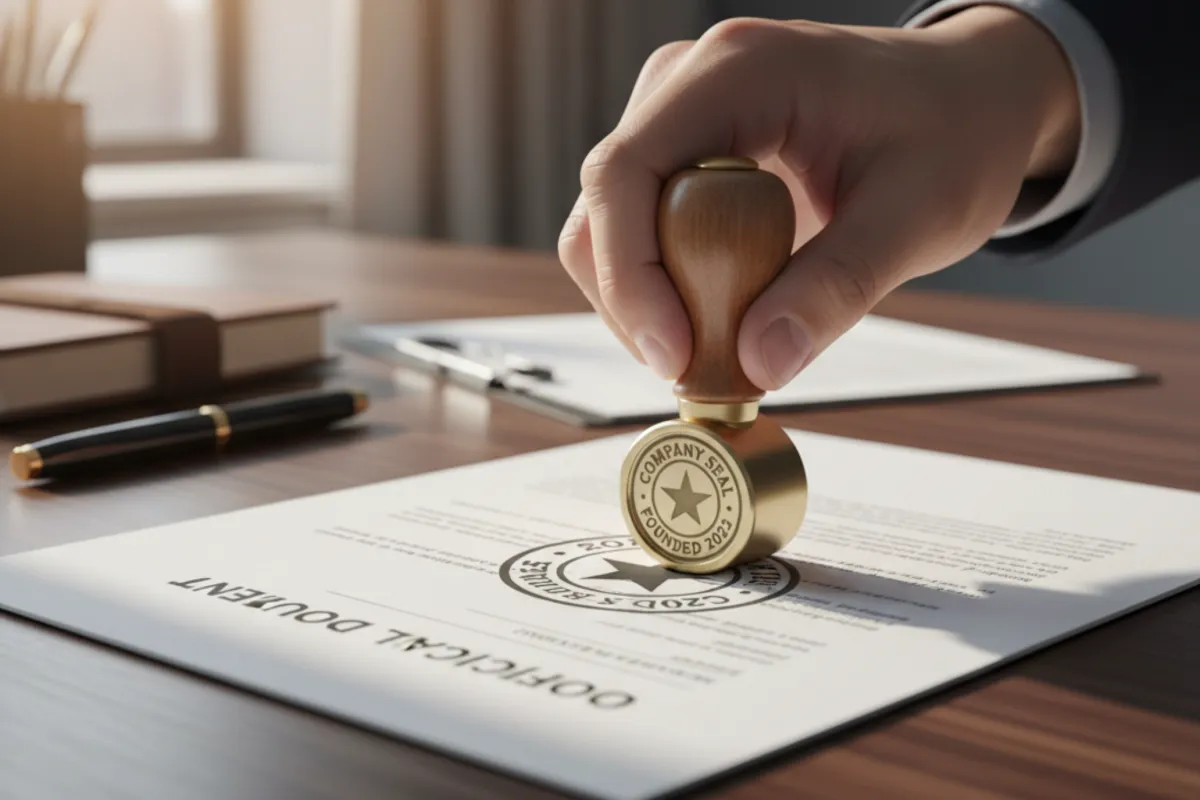 Close-up of a hand stamping a document with an official corporate seal, representing corporate supplies and business organization tools