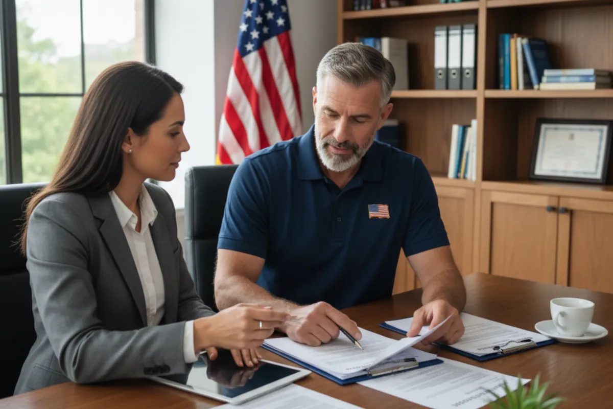 Business advisor helping a veteran entrepreneur review and sign annual report documents, representing business filing services
