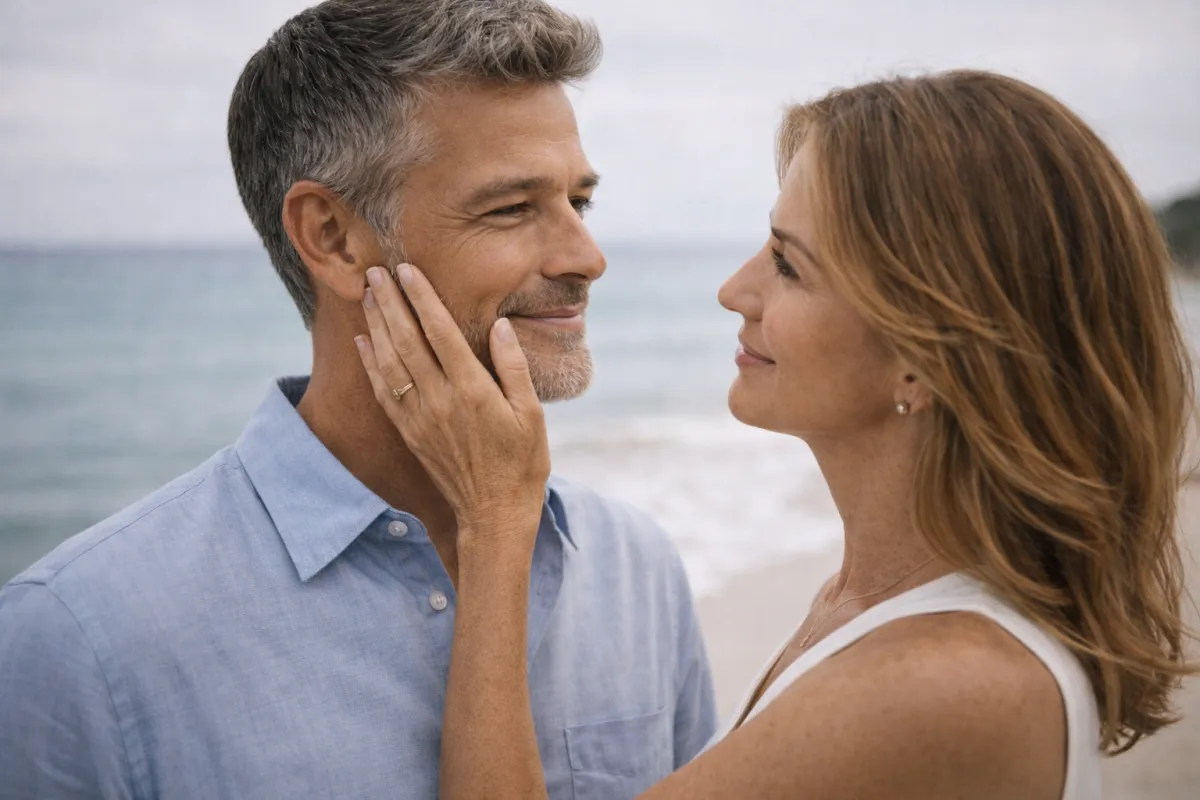 Editorial photograph of a well-dressed couple in their early 50s standing near a large window in a modern, upscale environment.