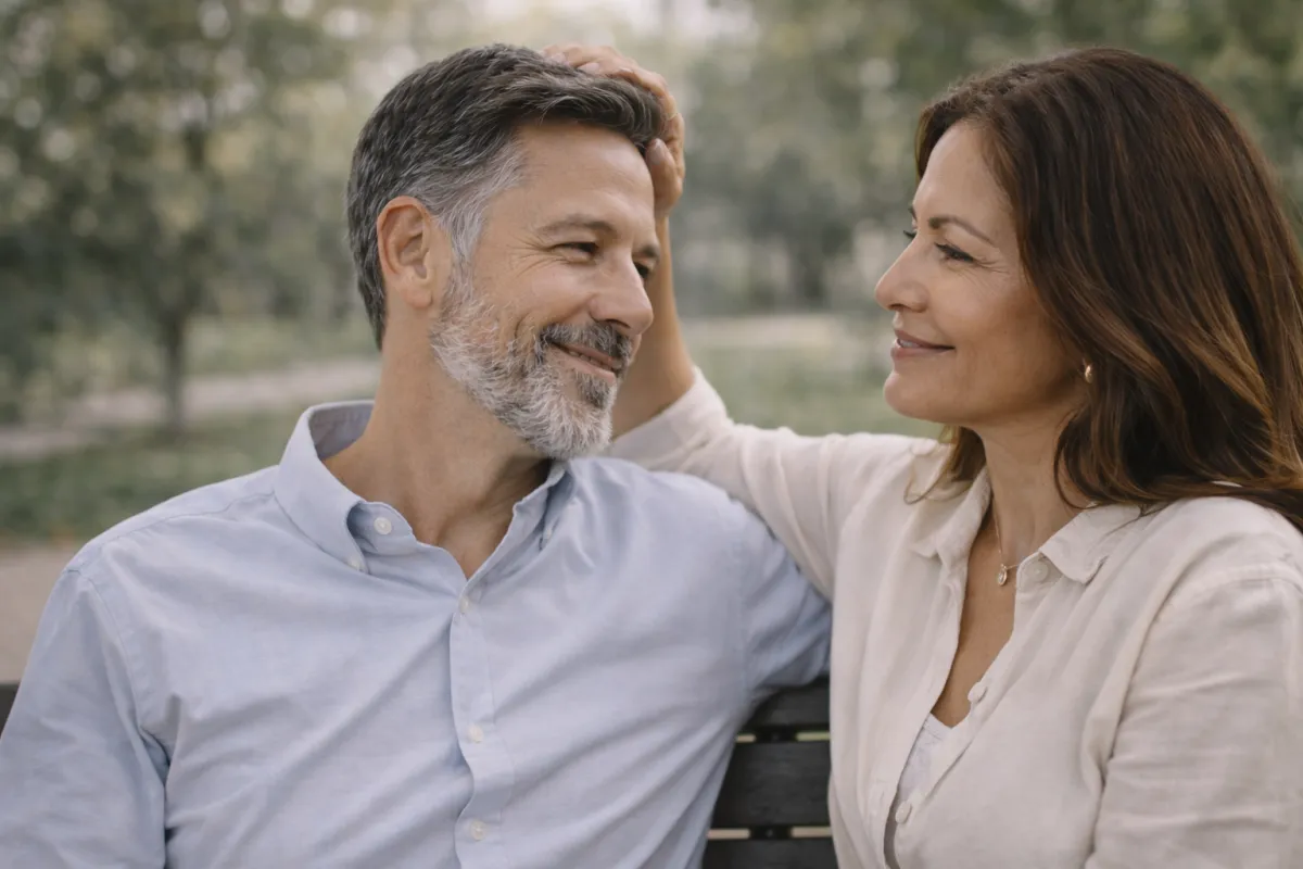 Editorial photograph of a well-dressed couple in their early 50s standing near a large window in a modern, upscale environment.