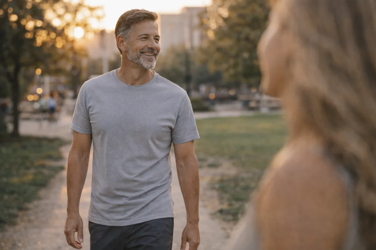 a confident man walking through the ark. An attractive women is checking him out.