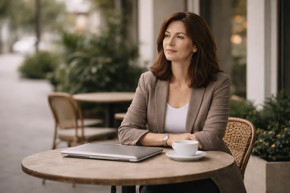 a women sitting peacefully at a coffee shop