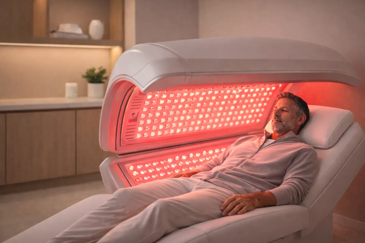 a man in his 40's using a red light bed from Harper MD