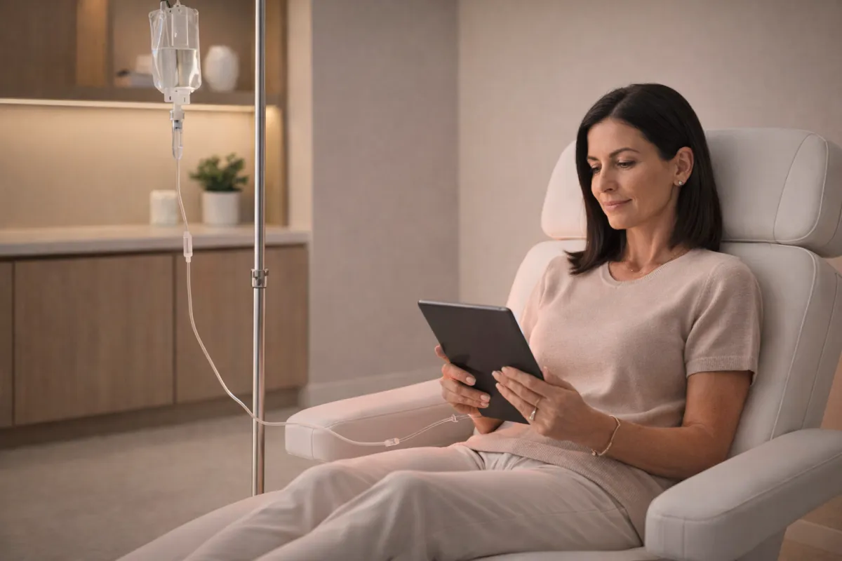 High-resolution editorial photograph of an affluent woman in her early 50s with shoulder-length silver-blonde hair seated comfortably in a modern regenerative clinic receiving IV therapy.