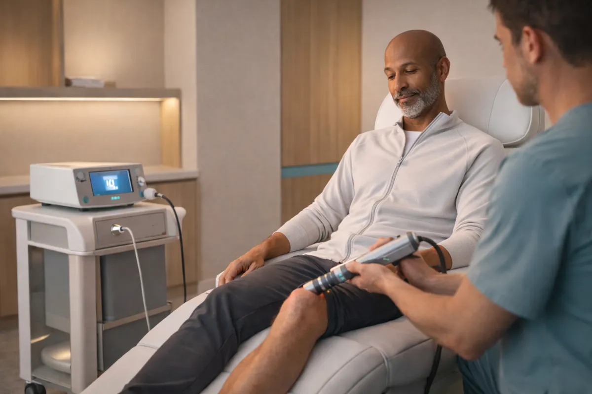 a man in his 50's getting shockwave therapy from Harper MD