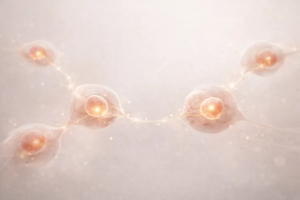 Subtle, elegant rendering of interconnected cells communicating through faint light signals