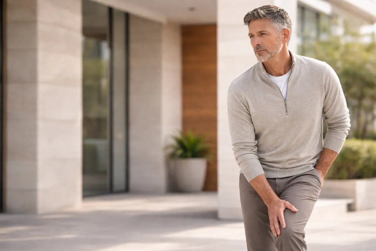 Affluent man in his early 50s with athletic build standing in a modern architectural setting