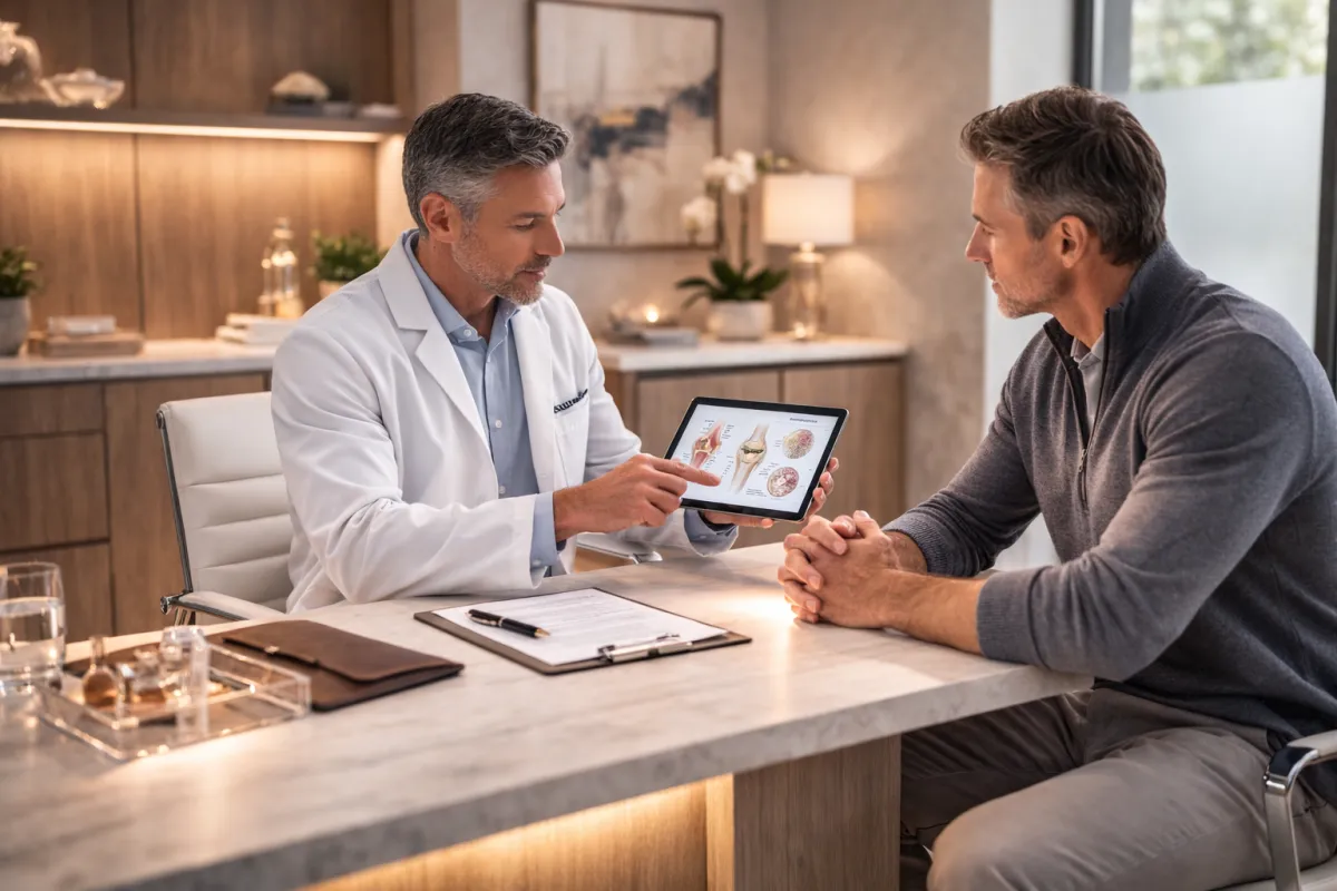 A physician seated across from a well-dressed middle-aged patient, both engaged in a serious but calm discussion.