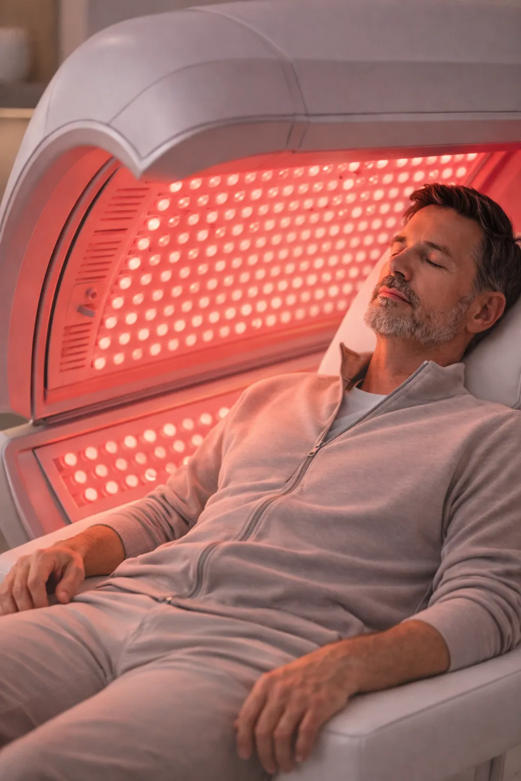 a man in his 40's receiving red light therapy from Harper MD