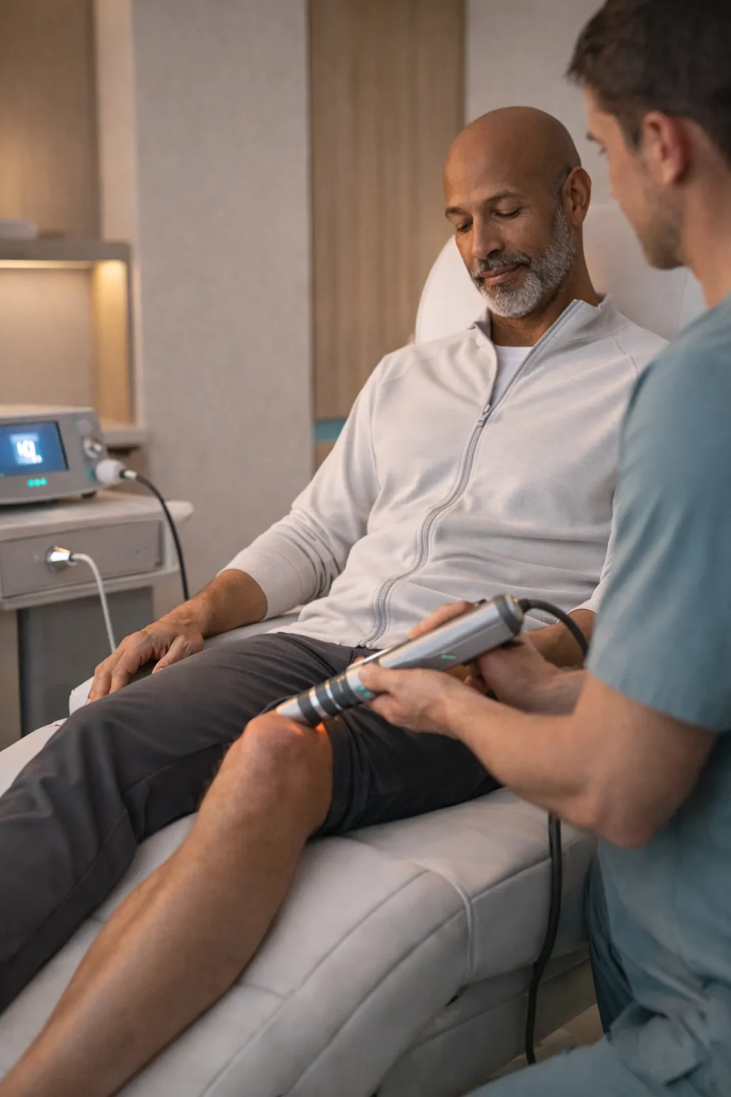a man in his 50's receiving shockwave therapy from Harper MD