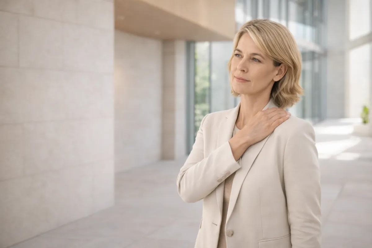 She rests one hand lightly on her shoulder, subtle indication of discomfort without dramatics.