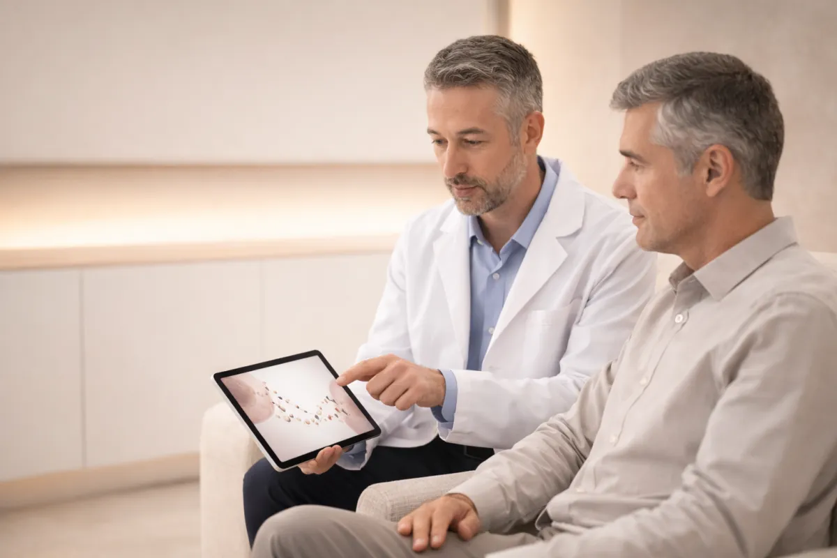 High-end consultation scene in a bright, modern medical office. A physician seated across from a well-dressed middle-aged patient discussing treatment options calmly and analytically.