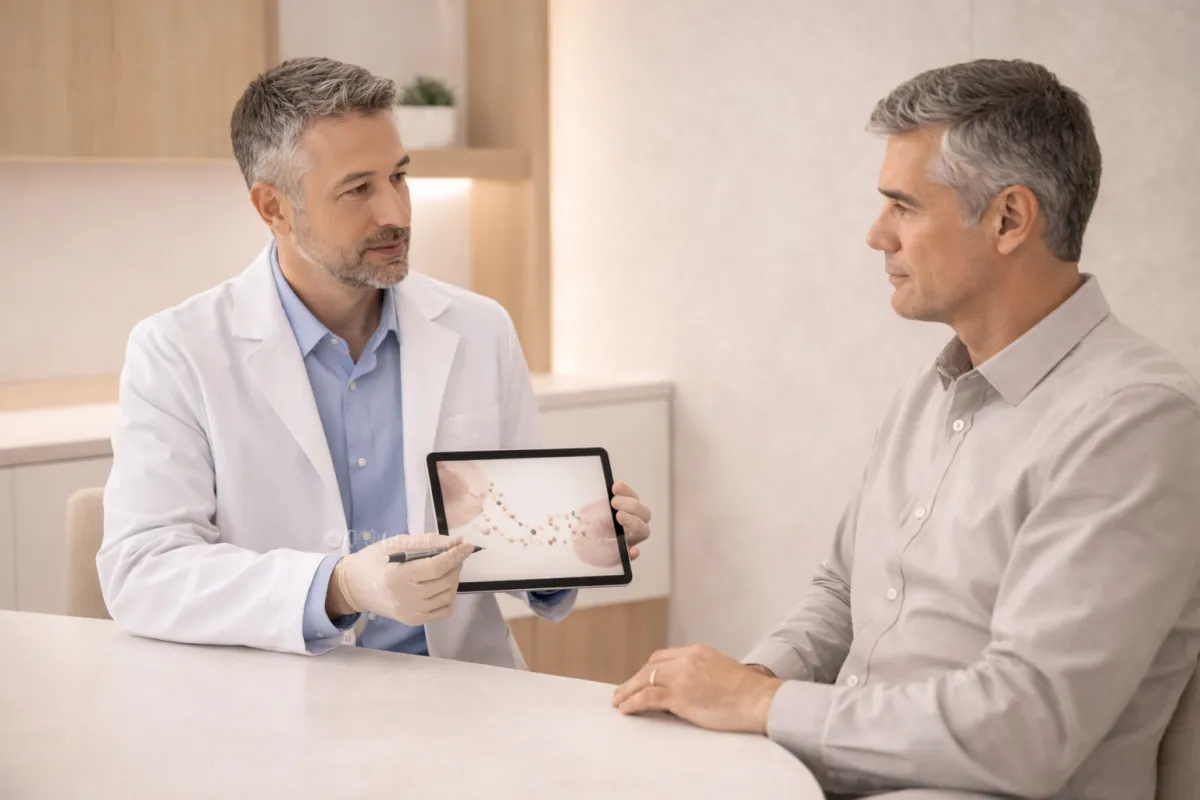 High-end consultation scene in a bright, modern medical office. A physician seated across from a well-dressed middle-aged patient discussing treatment options calmly and analytically.